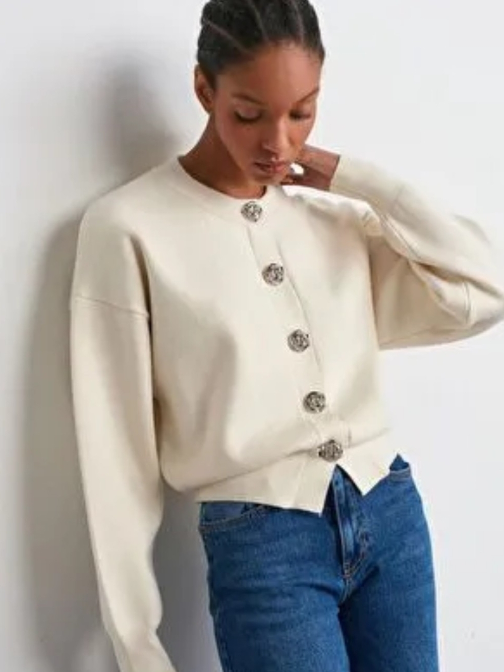 Jason Wu Cream Button-Front Cropped Cardigan with Decorative Buttons